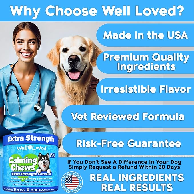 Calming Chews for Dogs - Dog Calming Chews, Made in USA, Vet Recommended, Behavior Support with Melatonin & Hemp, Stress, Separation, Fireworks, Travel, Extra Strength