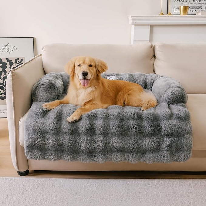 FUNNYFUZZY Calming Dog Bed Mat, Fluffy Fuzzy Couch Cover for Sofa, Furniture Protector with Removable Washable Cover for Medium Small Dogs and Cats (Grey,37.4 × 33.46 × 6.3 in)