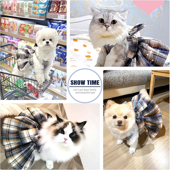 PETCARE Plaid Dog Dress Bow Tie Harness Leash Set for Small Dogs Cats Girl Cute Princess Dog Dresses Spring Summer Puppy Bunny Rabbit Clothes Chihuahua Yorkies Pet Outfits