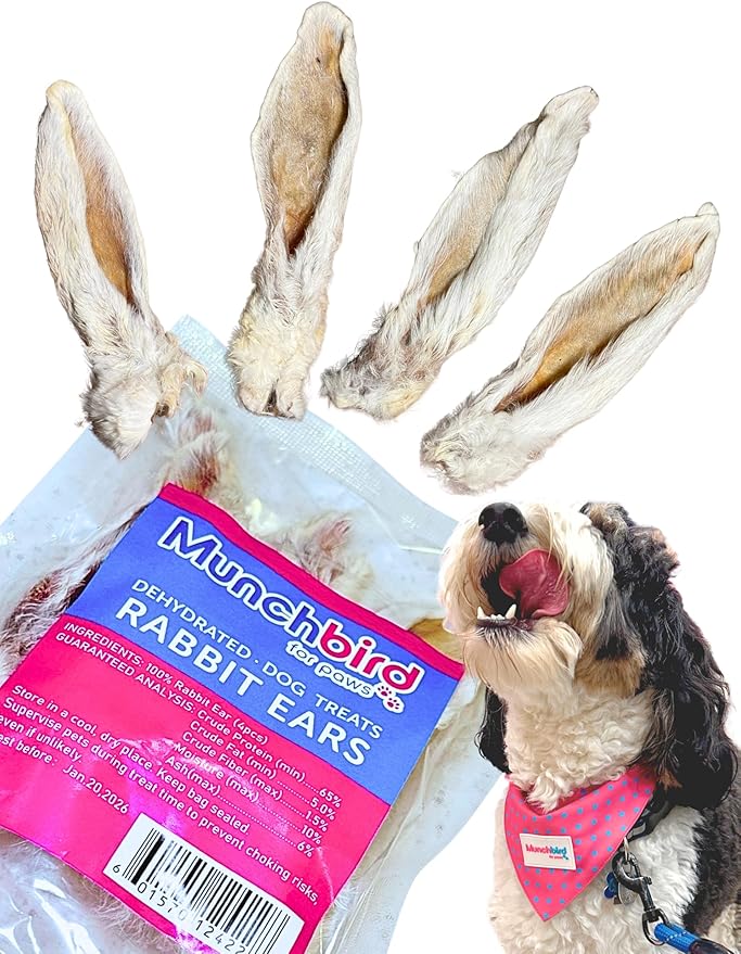 Dehydrated Rabbit Ears for Dogs (4pcs) European Furry Rabbit Natural Fiber for Digestive Health