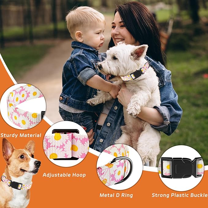 Dog Collar, Daisy Floral Puppy Collar for Boys Girls Small Medium Large Dogs, Adjustable Soft Pet Collar Fancy Floral with Quick Release Buckle for Males Females, Pink Daisy,XS