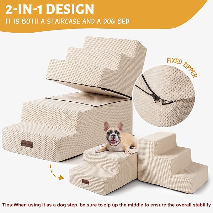 5-Step Dog Stairs for High Beds, Non-Slip Pet Steps for Small Dogs & Cats, Beige, 22.6" H