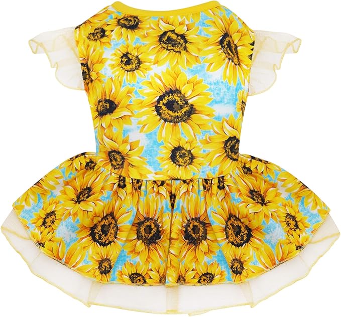 KYEESE Dog Dress Sunflower Dogs Sundress Tulle with Ruffle Sleeves Puppy Dress Dog Clothes