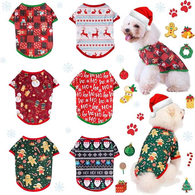 6 Pieces Christmas Dog Clothes for Small Dogs, Soft and Breathable Pet Shirt, Winter Puppy Kitten Vest Printed Dog Shirts, Christmas Snowman Santa Claus Reindeer T-Shirts for Pet Dogs Cats