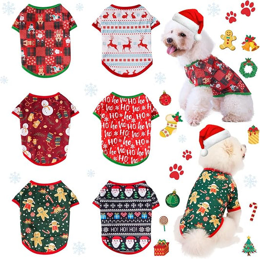 6 Pieces Christmas Dog Clothes for Small Dogs, Soft and Breathable Pet Shirt, Winter Puppy Kitten Vest Printed Dog Shirts, Christmas Snowman Santa Claus Reindeer T-Shirts for Pet Dogs Cats