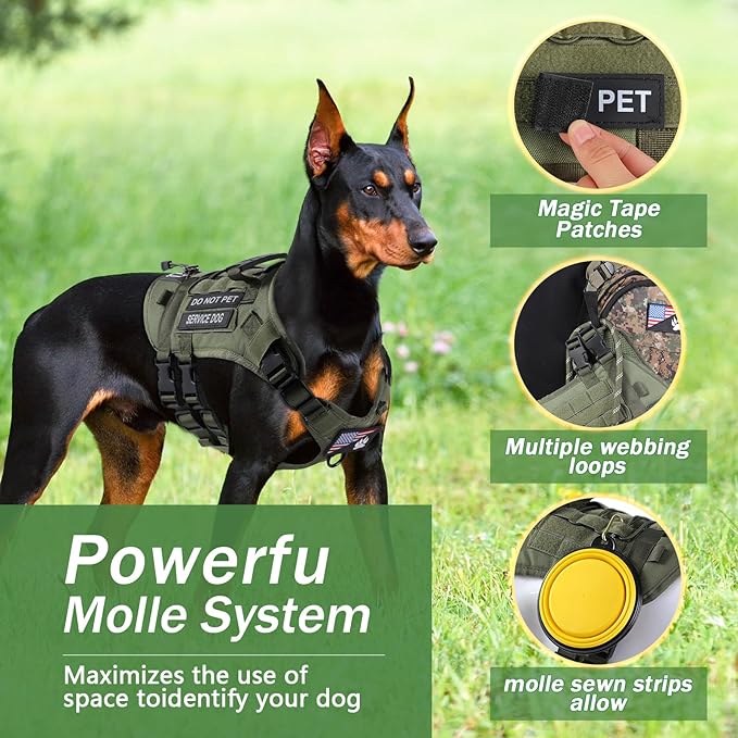 No Pull Tactical Dog Harness for Small Dogs, Escape Proof Molle Dog Vest Harness and Leash Set, Adjustable Military Service Dog Harness with Handle for Medium Large Dogs (Green, S)