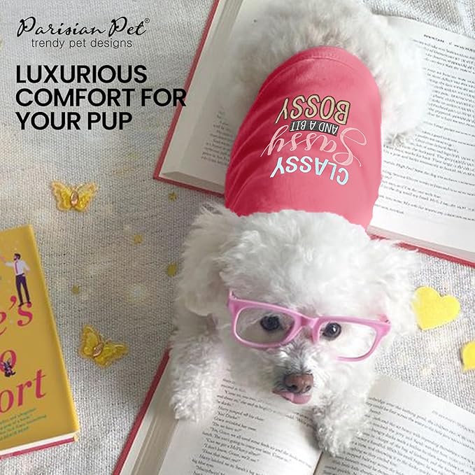 Parisian Pet Dog T-Shirt with Embroidered 'Classy, Sassy and Bit Bossy' - 100% Cotton, Pink Dog Clothes - Cute Pet Vest - Machine Washable Dog Shirt for Large Dogs, 2XL