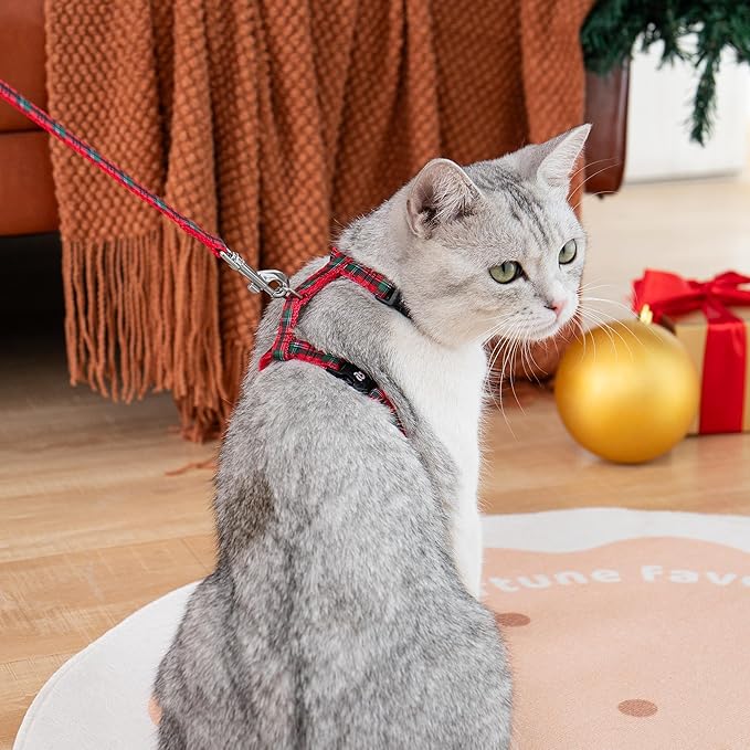 azuza Christmas Plaid Cat Harness and Leash for Walking Escape Proof, Classic Plaid Cat Harness, Soft Adjustable Harness for Cats Neck Girth: 7"-10", Chest Girth: 10"-17"