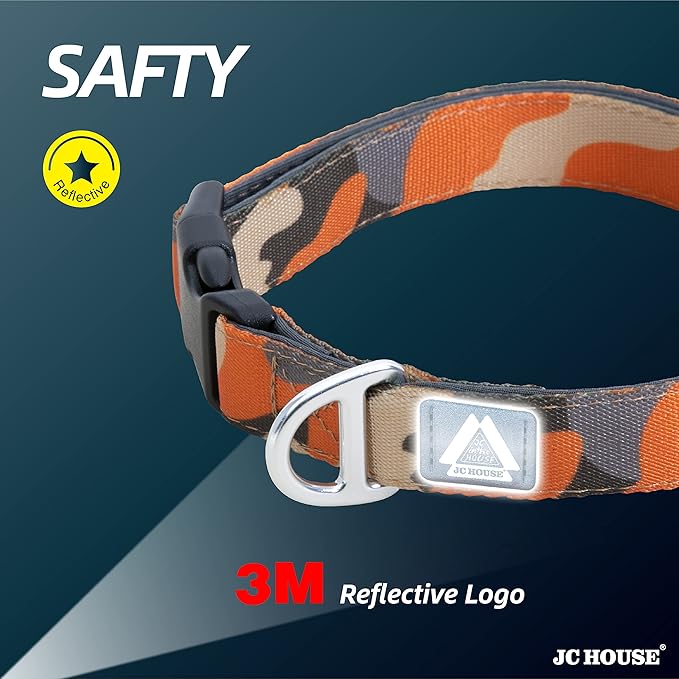Soft Padded Dog Collar, Neck 16’’-25’’, Adjustable Heavy Duty Collar with 3M Reflective Logo for Medium, Large Dogs, Camo Orange, L