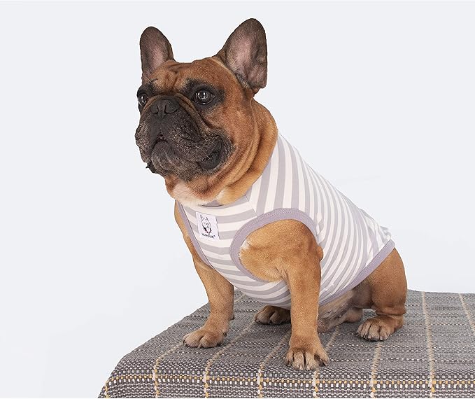 iChoue French Bulldog 100% Breathable Cotton Striped T Shirts Halloween Vest Clothes for Medium Dogs Tank Tops Frenchie Pug English Boston Terrier Pitbull Grey White Stripes - Large
