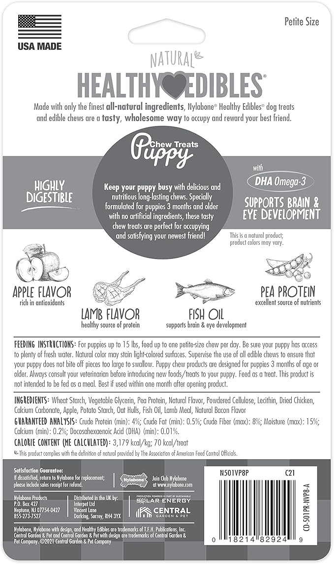 Nylabone Healthy Edibles Natural Puppy Chews Long Lasting Treats for Puppies, Lamb & Apple Flavor, X-Small/Petite (8 Count)