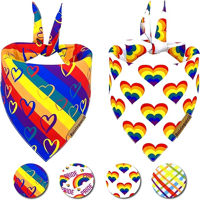 Pride Dog Bandanas 2 Pack, 4 Pattern Reversible LGBTQ+ Rainbow for Boy and Girl, Premium Long-Lasting Fabric, Summer Triangle Scarf for Medium to X-Large Breed Dogs (Large)