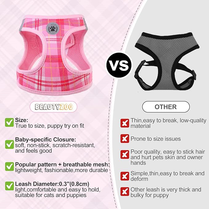 BEAUTYZOO Small Dog Harness and Leash Set, Step in No Choke No Pull Soft Mesh Dog Harnesses Reflective for Small Medium Puppy Dogs and Cats, Plaid Dog Vest Harness for S M Pets, Light Pink XS