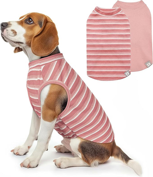 KYEESE 2Pack Waffle Dog Shirts Stretchy T-Shirts Lightweight Tank Top Sleeveless Striped Vest Breathable Pet Tee, XX-Large, Pink+Striped