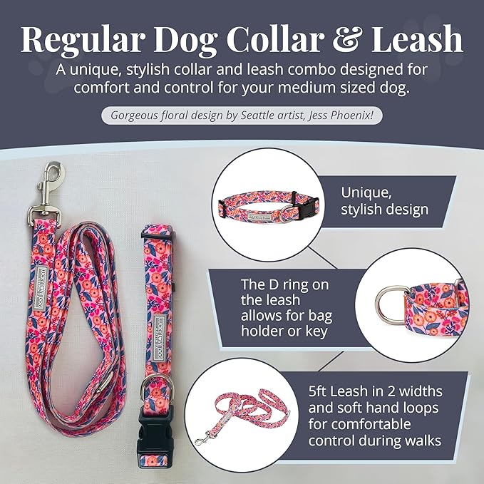 Lucky Love Dog - Easy Click Buckle Dog Collar with Leash Set Combo, Durable & Comfortable for Male & Female Dogs, Pet Collar for Small to Large Dogs, Secure Fit - Floral Rosie Combo, Medium