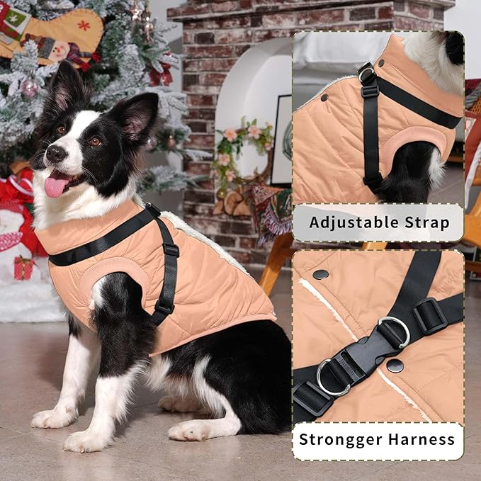 Dog Jacket with Harness,Fleece Lined Warm Puppy Coat for Winter,Soft Windproof Large Dog Vest,LightOrange XXXL