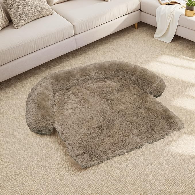 Calming Dog Bed Fluffy Plush Dog Mat for Furniture Protector with Removable Washable Cover for Large Medium Small Dogs and Cats (Small(35x31x5), Camel)