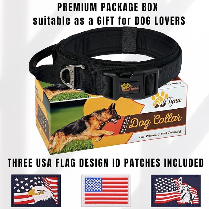 ADITYNA Tactical Dog Collar for Extra-Large Dogs - Soft Padded, Heavy Duty, Service, Adjustable Military K9 Black XL Collar with Handle for Training and Walking