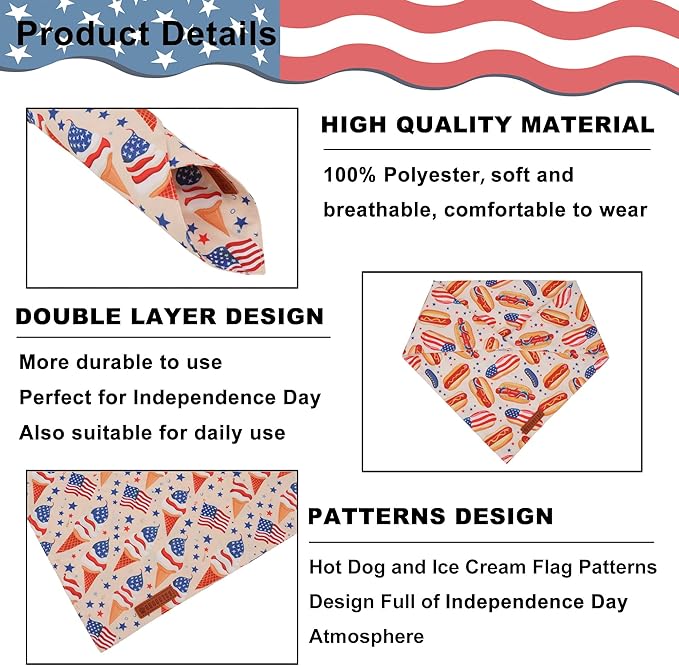 ADOGGYGO American Flag Dog Bandana, Ice Cream Hamburg Flag Pet Scarf, Premium Durable Fabric, Patriotic 4th of July Bandanas for Medium Large Dogs Pets (Large)