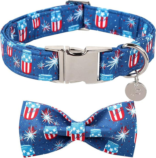 4th of July Dog Collar with Bow Tie, Patriotic Bowtie Dog Collar, American Flag Collar for Medium Boy Girl Dog, Comfortable Summer Bowtie Collar with Metal Buckle, M