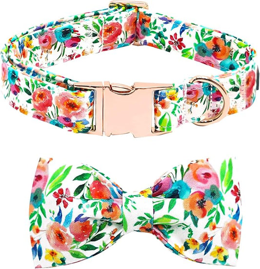 Dog Collar Flowers Print Pet Collar Soft Cute Dog Collar with Bow Tie Adjustable Metal Buckle Collar Gift Collar for Small Dogs