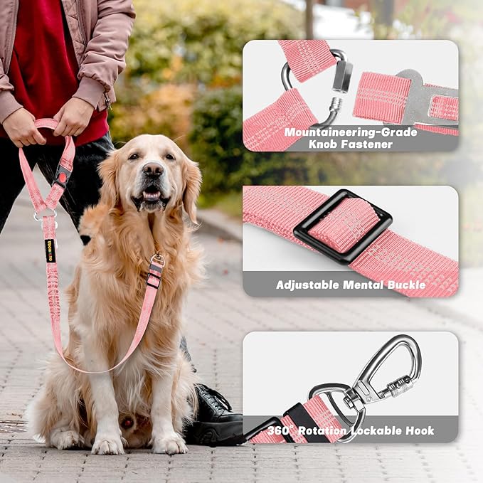 Dog Seat Belt Harness for Car, Dog Car Leash with Car Headrest & Buckle, Reflective Short Dog Leash, Pet 15 Inch Heavy Duty Leash for Dogs with Padded Handle & Locking Carabiner Clip, Pink