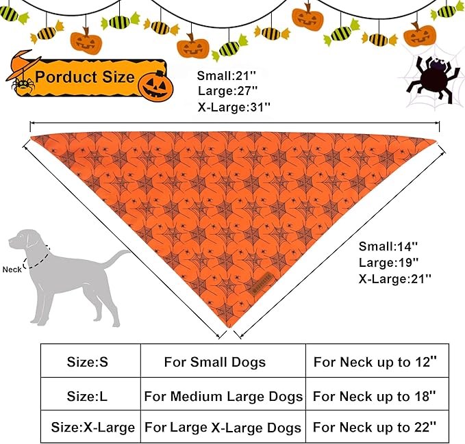 ADOGGYGO Halloween Dog Bandana, Spider Web Ghost Pet Scarf, Premium Durable Fabric, Orange Halloween Bandanas for Small Dogs Cats Puppies (Small)