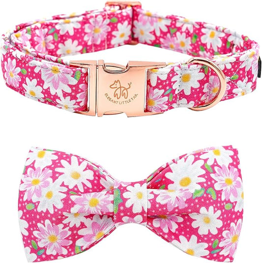 Elegant Little Tail Pink Floral Girl Dog Collar with Bow, Adjustable for Small Dogs