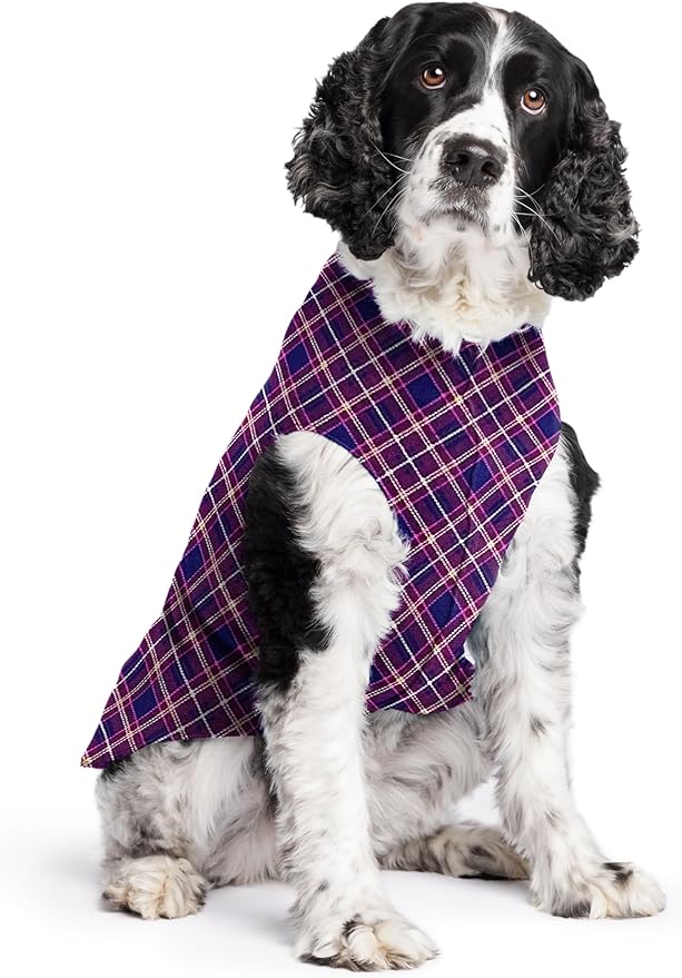 Stretch Fleece Dog Coat, Stretchy Pet Sweater, Machine Washable Pullover for Winter and Fall, Mulberry Plaid, 20