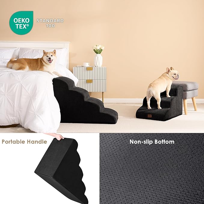 EHEYCIGA Curved Dog Stairs Ramp for Small Dogs 15.7" H, 3-Step Dog Steps for Couch Sofa and Chair, Pet Stairs for Cats, Non-Slip Balanced Pet Steps Indoor, Black