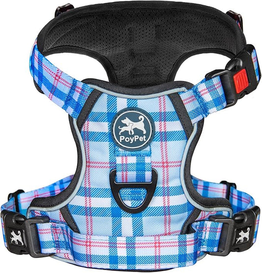 PoyPet Plaid Dog Harness, No Pull Front Clip Pet Vest Harness, Soft Padded Reflective Adjustable Walking Harness with Handle for Large Medium Small Dogs(Checkered Blue, L)
