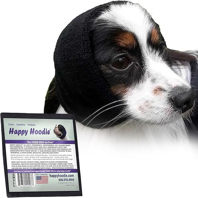 Happy Hoodie The Original Dog & Cat Calming Band, Anxiety Relief/Noise Protection-Grooming-Thunder-Fireworks (Small, Black)