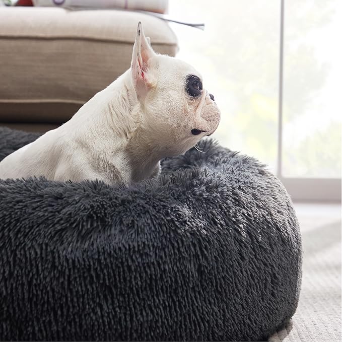 Bedsure Calming Dog Bed for Medium Large Dogs - Donut Washable Large Pet Bed, 33 inches Anti-Slip Round Fluffy Plush Faux Fur Dog Bed, Dark Grey