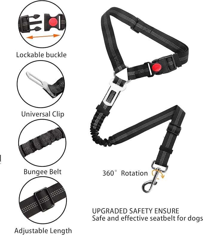 YAOHDAO Dog Seat Belt Harness for Car, Restraint Adjustable with Elastic Bungee Buffer Headrest for Vehicle, 360° Swivel Carabiner Nylon Pet Safety Seat Belts Heavy Duty Car Harness for Dogs (Black)