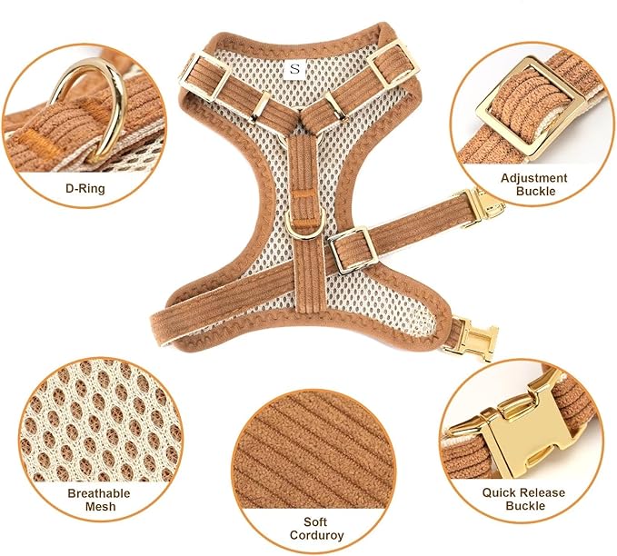 Didog Cute Small Dog Harness Collar & Leash Set, Adjustable Dog Collars and Leashes with Bowtie, Breathable Soft Mesh Padded Dog Vest for Puppies Small Dogs Walking, Brown, S