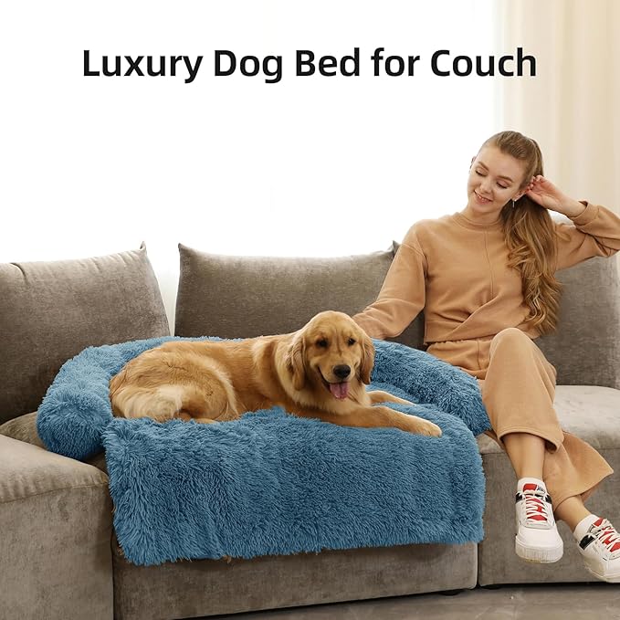 Calming Dog Bed Fluffy Plush Dog Mat for Furniture Protector with Removable Washable Cover for Large Medium Small Dogs and Cats (Extra Large (53x39.3x6), Navy)