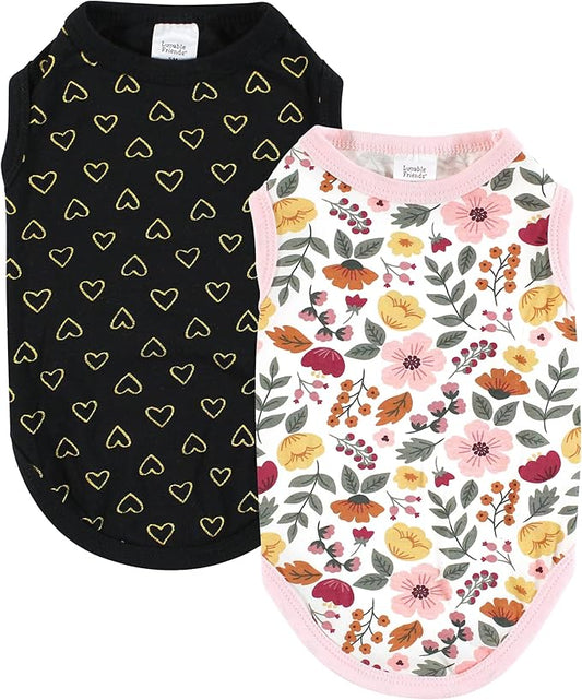 Luvable Friends Dog Pet Dog and Cats Cotton T-Shirts 2pk, Botanical Heart, X-Small