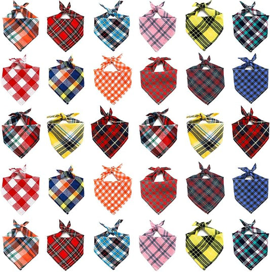 Segarty Dog Bandanas, 30 Pack 22.8"x15.7" Triangle Plaid Bibs Pet Scarf Accessories Bulk for Medium Small Dogs Cats Large Puppy Dogs, Adjustable Washable Reversible Boy Pets Birthday Kerchief