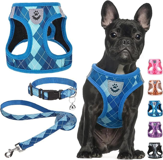SCENEREAL Dog Harness Collar and Leash Set, Step-in No Pull Pet Vest Harnesses for Small Medium Dogs Puppy Cats, Soft Mesh No-Chock Reflective Vest Harness for Outdoor Walking Running, Blue Plaid M