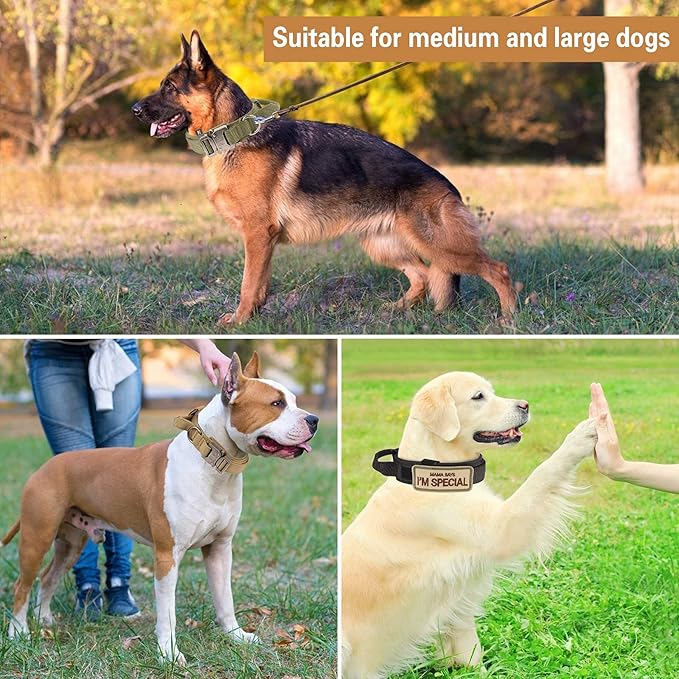 KCUCOP Tactical Dog Collar with Handle,Adjustable Military Dog Collar with Metal Buckle and Patches,Heavy Duty Dog Collars for Medium Dogs (Brown-M)