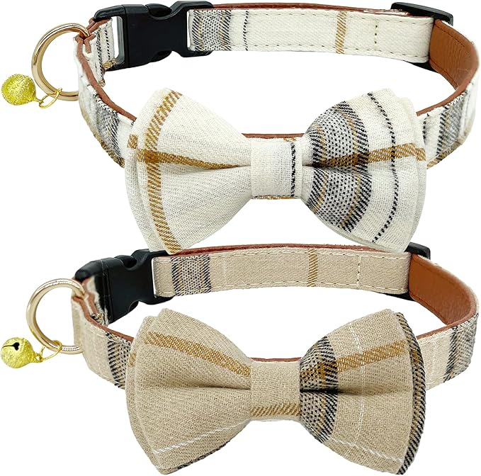 KUDES 2 Pack/Set Dog Collars with Bow Tie and Bells, Adjustable Cute Dog Bow Ties Collar for Small/Medium/Large Boys and Girls Pets (Beige & Brown, L(14.2''-21.7''))