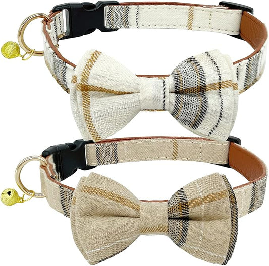 KUDES 2 Pack/Set Dog Collars with Bow Tie and Bells, Adjustable Cute Dog Bow Ties Collar for Small/Medium/Large Boys and Girls Pets (Beige & Brown, M(11.8''-17.8''))