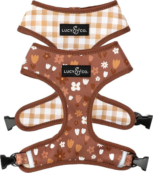 Lucy & Co. Cute Reversible Dog Harness Walking Halter - Best Designer Pet Harnesses for XS - XL Dogs - Padded Adjustable Vest for Easy Walking (X-Small, Chocolate Meadows - Brown & White Floral)