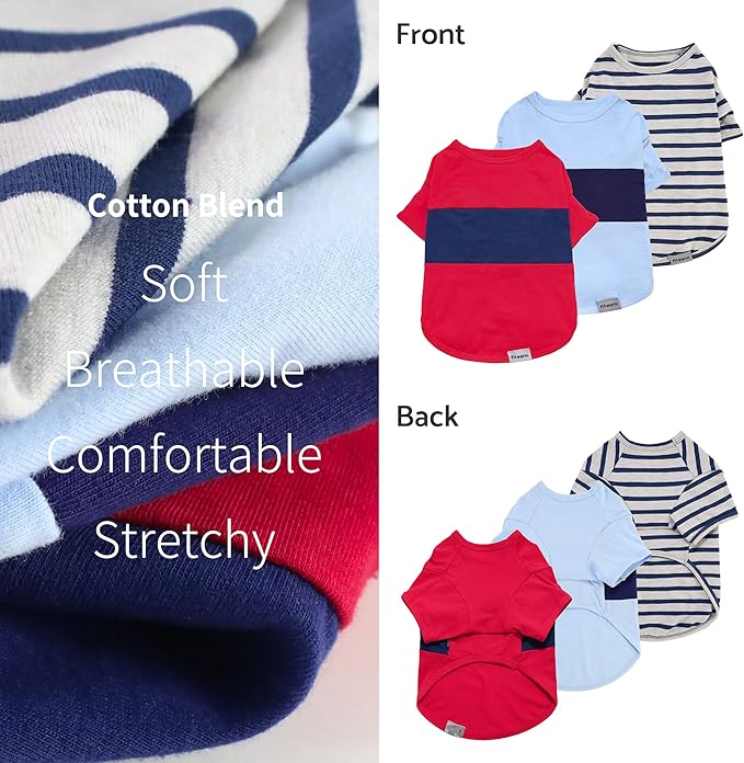 Fitwarm 3 Pack Color Block Striped Dog Shirt, Summer Dog Clothes for Small Dogs, Breathable Lightweight Pet Tshirt with Sleeves, Cat Outfit, Red, Blue, Grey