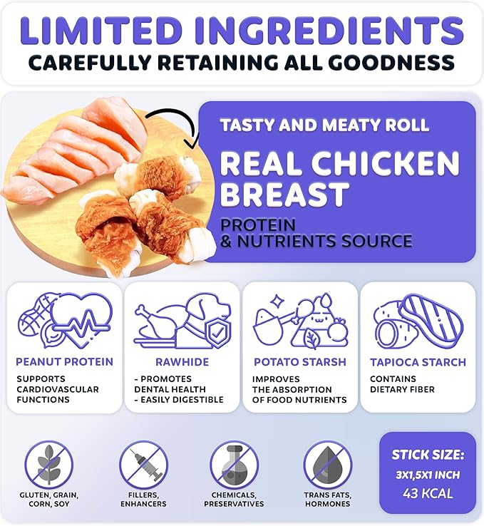 Chicken Wrapped Knotted Rawhide Bones - Dental Health Support, Long-Lasting, Grain Free Canine Treats - Low-Calorie & High-Protein Real Chicken Dog Chews, 24 oz