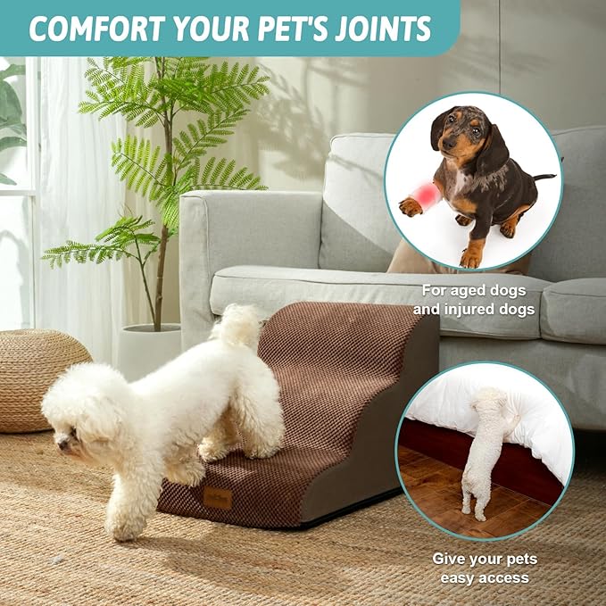 Dog Stairs for Small Dogs 15.7" H, Curved Dog Step for Puppy, Older Cat, Medium Pet Ramp for Sofa, Couch or Bed, Ladder with High Density Foam, 15.7x22.4x15.7 inch, 3 Step, Brown