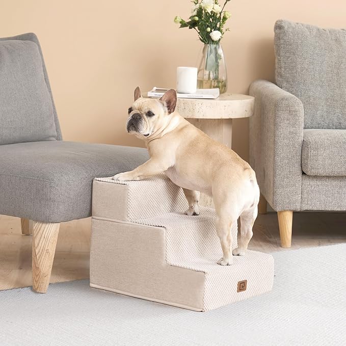 EHEYCIGA Dog Stairs for Small Dogs 13.5" H, 3-Step Dog Steps for Couch Sofa and Chair, Pet Steps for Small Cats, Non-Slip Balanced Pet Ramp Indoor, Beige