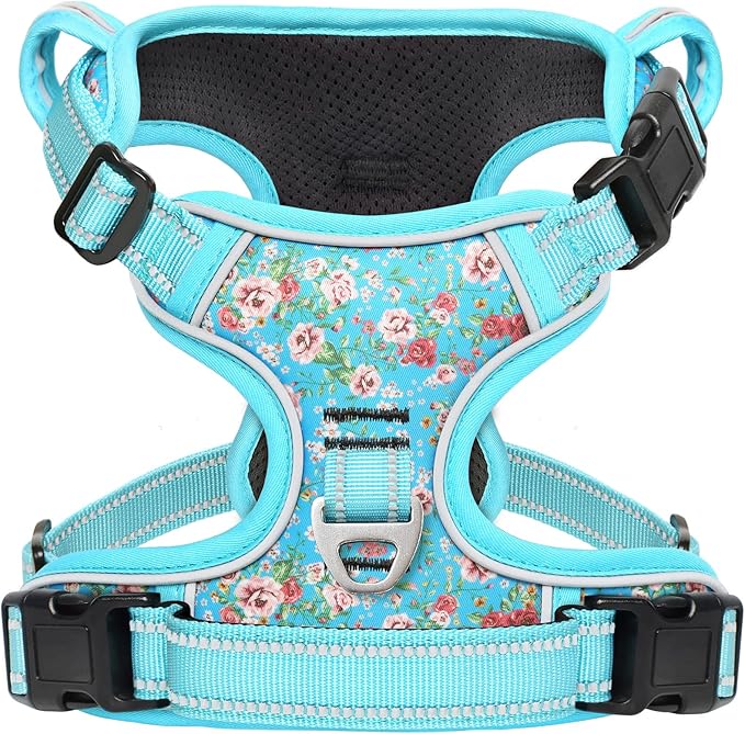 Timos No Pull Dog Harness,NO Need Go Over Dogs Head 3 Snap Buckles Reflective Oxford No Choke Puppy Harness with Front & Back 2 Metal Leash Clips Soft Padded for Small Medium Large Dogs