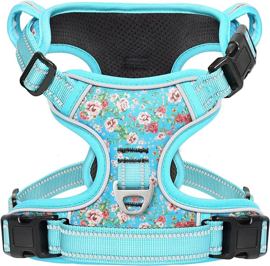 Timos No Pull Dog Harness,NO Need Go Over Dogs Head 3 Snap Buckles Reflective Oxford No Choke Puppy Harness with Front & Back 2 Metal Leash Clips Soft Padded for Small Medium Large Dogs