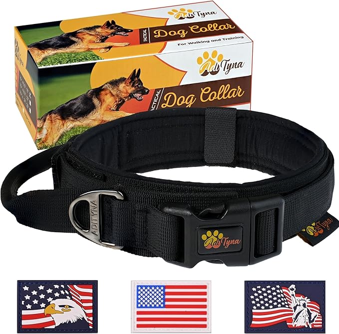 ADITYNA Tactical Dog Collar for Extra-Large Dogs - Soft Padded, Heavy Duty, Service, Adjustable Military K9 Black XL Collar with Handle for Training and Walking